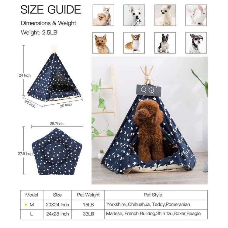 Pet Kennel Corgi Small and Medium Dog Pet Tent, Specification: Large 60×60×70cm(Navy Beige Star with Cushion)