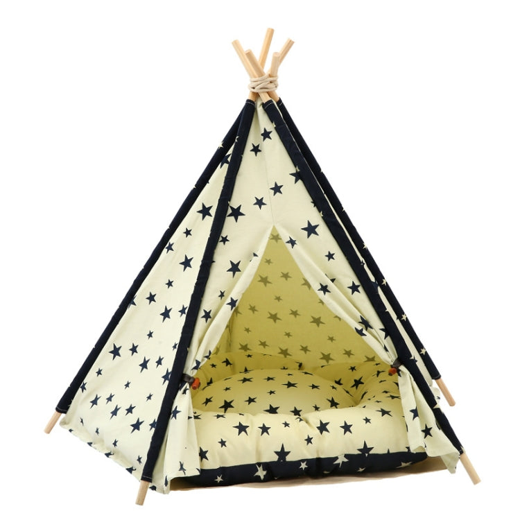 Cotton Canvas Pet Tent Cat and Dog Bed with Cushion, Specification: Large 60×60×70cm(Beige Navy Star)