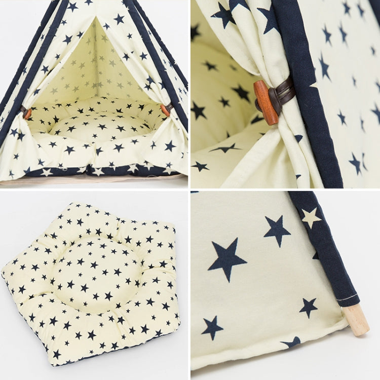 Cotton Canvas Pet Tent Cat and Dog Bed with Cushion, Specification: Large 60×60×70cm(Beige Navy Star)