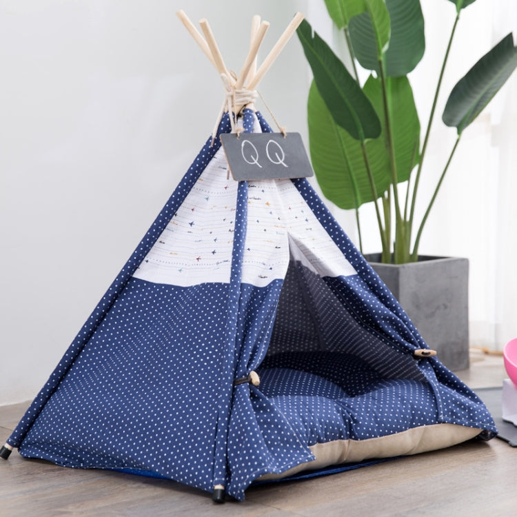 Cotton Canvas Pet Tent Cat and Dog Bed with Cushion, Specification: Large 60×60×70cm(Navy Blue Dot)
