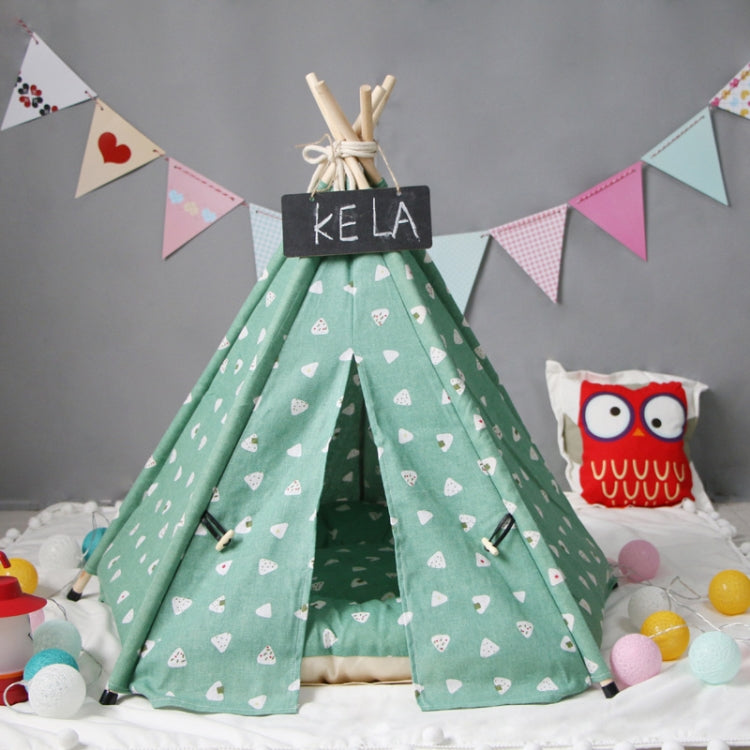 Cotton Canvas Pet Tent Cat and Dog Bed with Cushion, Specification: Large 60×60×70cm(Green Triangle)