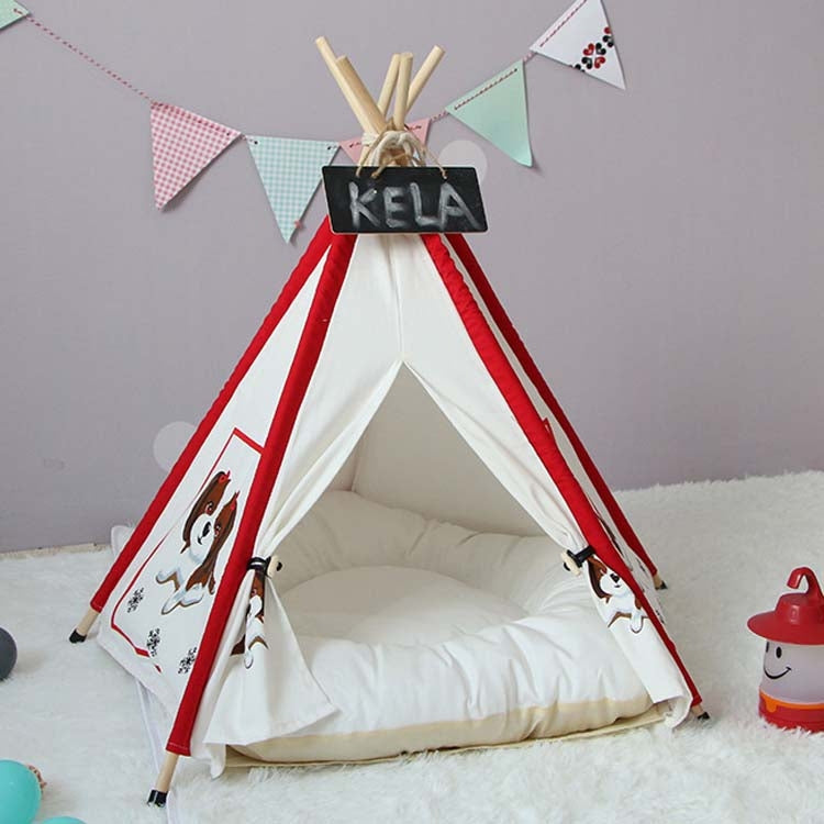 Pet Tent Removable And Washable Wooden Cat Kennel with Cushion, Specification: Medium 50×50×60cm(Red)