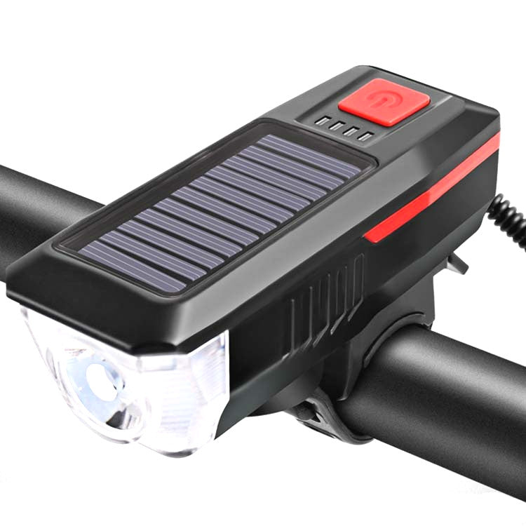 Bicycle Solar Headlight Horn Light Night Riding USB Charging Headlight Bicycle Glare Flashlight Equipment(Red)