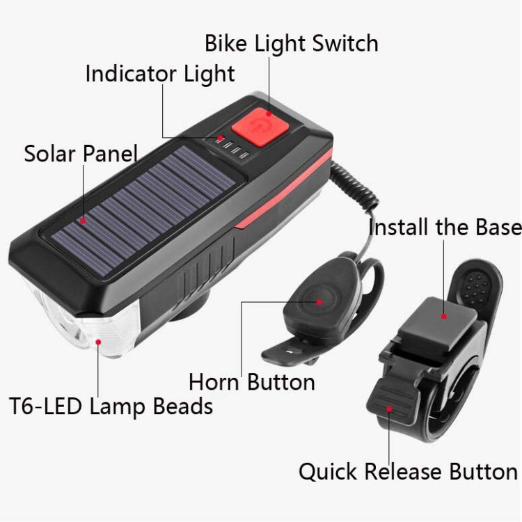 Bicycle Solar Headlight Horn Light Night Riding USB Charging Headlight Bicycle Glare Flashlight Equipment(Red)