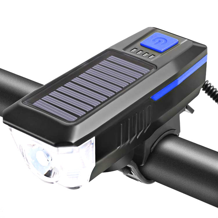 Bicycle Solar Headlight Horn Light Night Riding USB Charging Headlight Bicycle Glare Flashlight Equipment(Blue)
