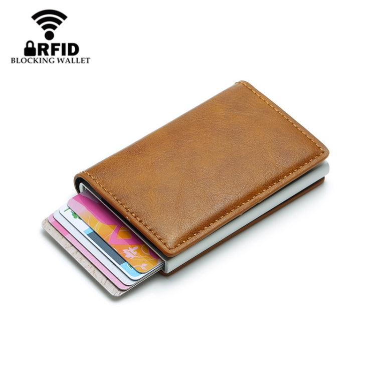Automatic Elastic Card Type Anti-magnetic RFID Anti-theft Retro Card Package Universal Leather Metal Wallet(Blue)