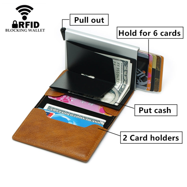 Automatic Elastic Card Type Anti-magnetic RFID Anti-theft Retro Card Package Universal Leather Metal Wallet(Blue)