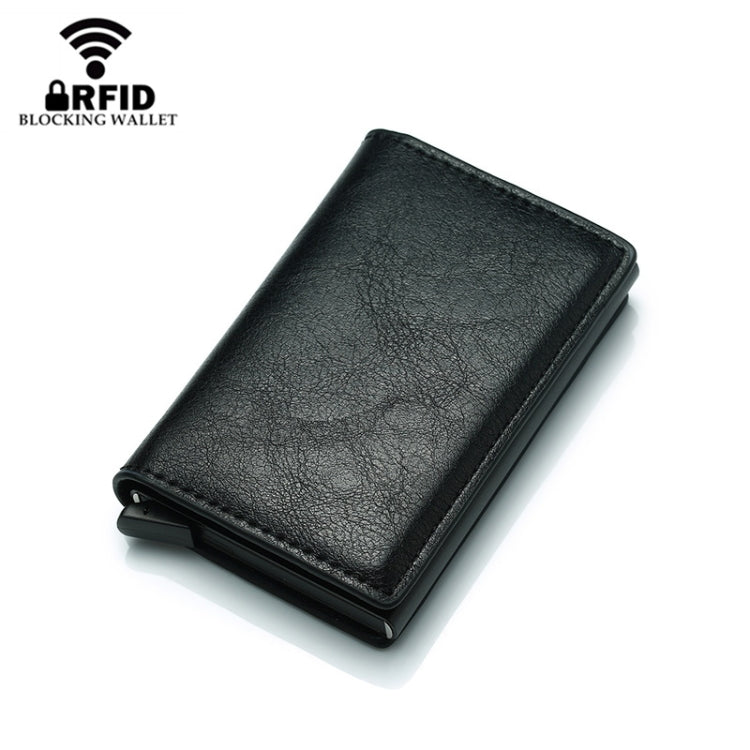 Automatic Elastic Card Type Anti-magnetic RFID Anti-theft Retro Card Package Universal Leather Metal Wallet(Blue)