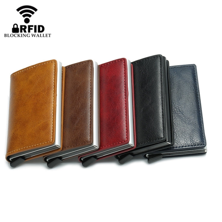 Automatic Elastic Card Type Anti-magnetic RFID Anti-theft Retro Card Package Universal Leather Metal Wallet(Blue)