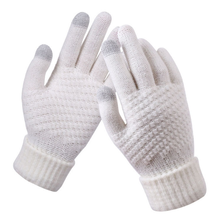 Winter Touch Screen Gloves Women Men Warm Stretch Knit Mittens Imitation Wool Thicken Full Finger Gloves(White)