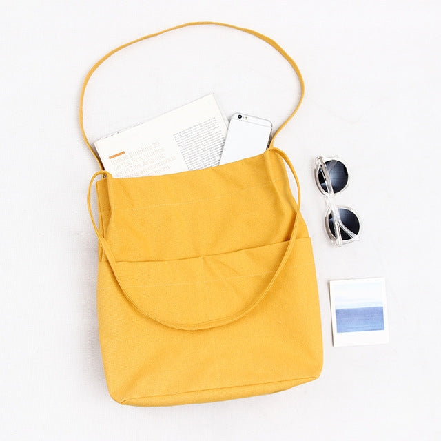 Foldable Student Literary Canvas Shoulder Bag(Yellow)