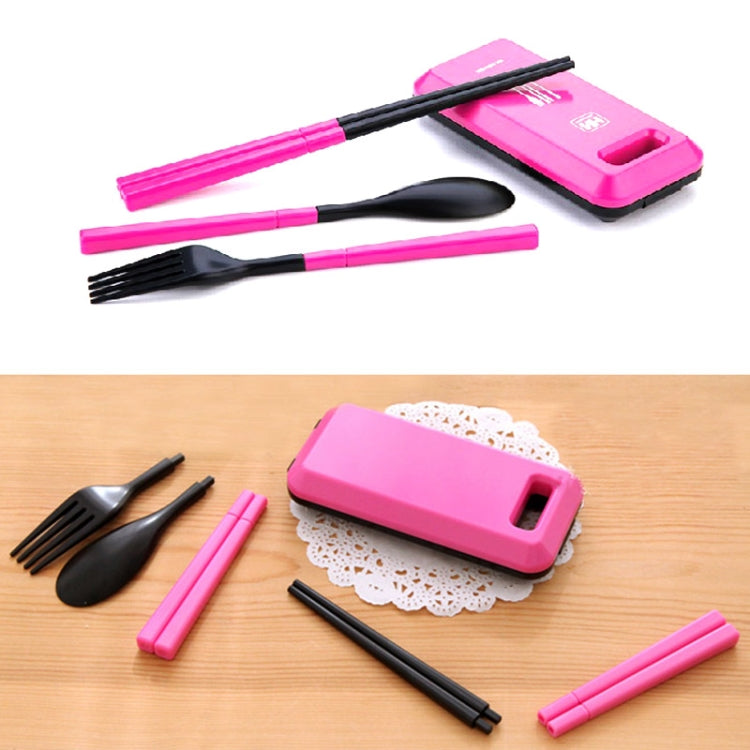 3 in 1 ABS Folding Dinnerware Cutlery Fork Chopsticks Set with Storage Box Outdoor Camping Hiking Traveling Tableware Set(Pink)