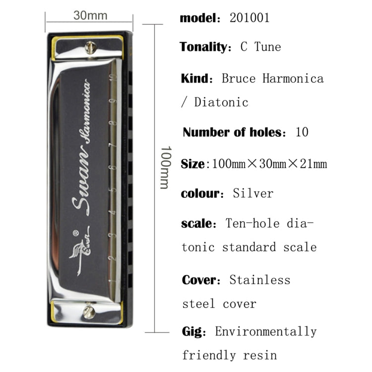 Swan 10 Holes Full-scale Bruce Harmonica Beginner Children Adult Students Playing Musical Instruments