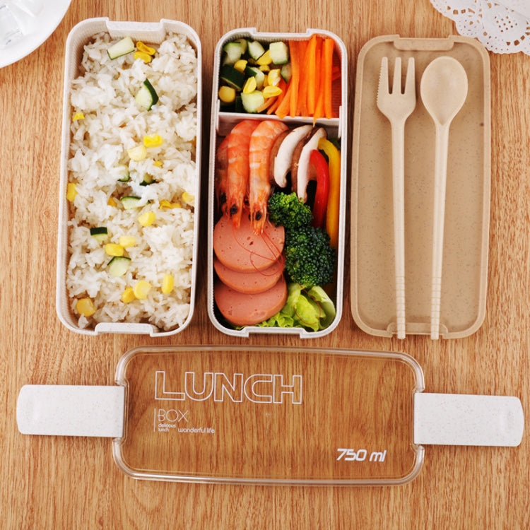 750ml Healthy Material Wheat Straw 2 Layer Lunch Box Dinnerware Food Storage Bento Container Microwave Lunchbox(Beige)