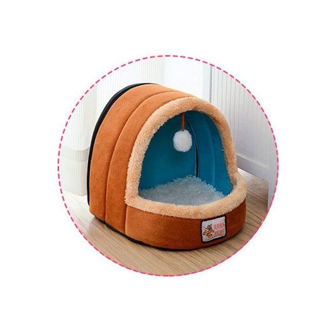 Pet Dog Cat  Warm Soft Bed Pet Cushion Dog Kennel Cat Castle Foldable Puppy House with Toy Ball, Size:S(Camel Color)