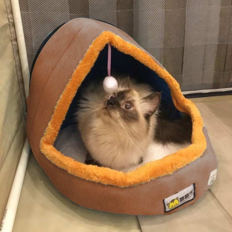 Pet Dog Cat  Warm Soft Bed Pet Cushion Dog Kennel Cat Castle Foldable Puppy House with Toy Ball, Size:M(Camel Color)