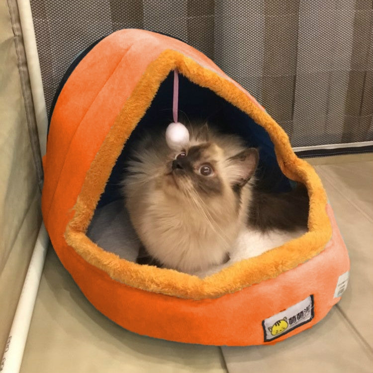 Pet Dog Cat  Warm Soft Bed Pet Cushion Dog Kennel Cat Castle Foldable Puppy House with Toy Ball, Size:M(Orange)