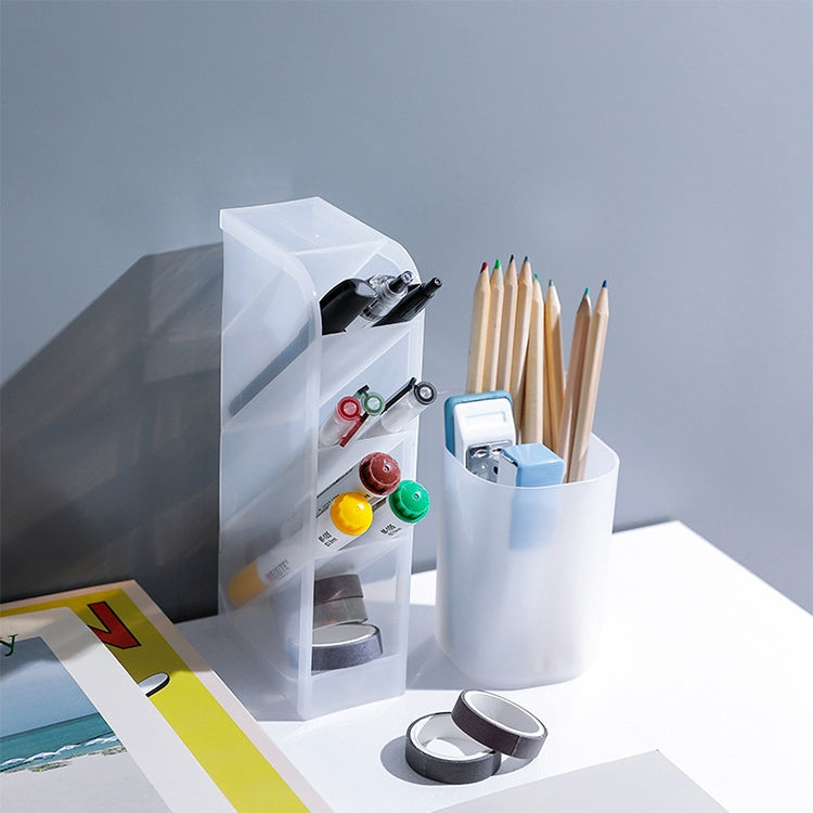 2 PCS Multi-function 4 Grid Desktop Pen Holder Office School Storage Case Clear Plastic Box Desk Pencil Organizer(White Diagonal Insert)