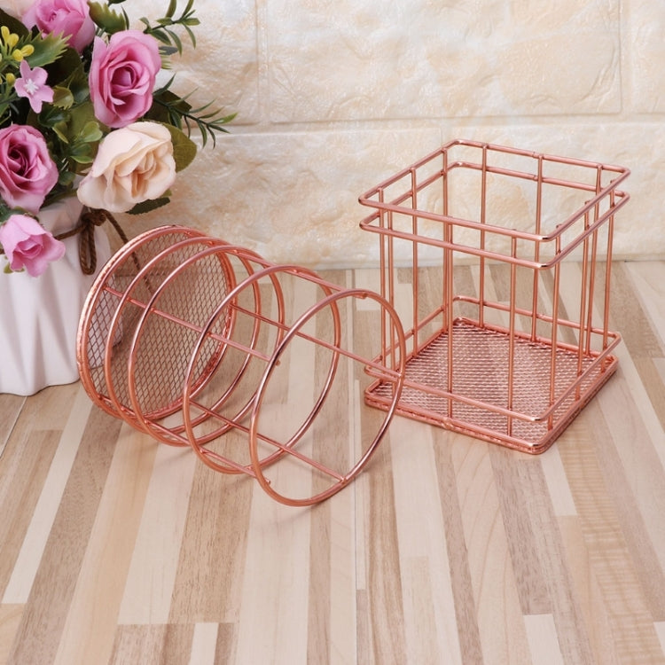 Rose Gold Metal Pen Holder Box Case Iron Art Receiving Basket Desk Stationery Office School Desk Supplies(Square)