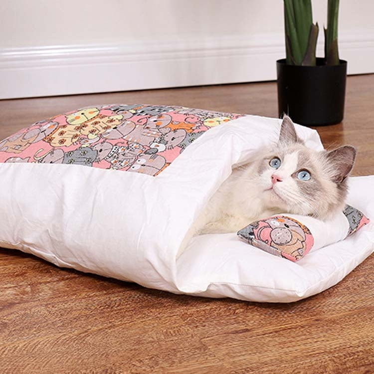 Closed Removable and Washable Cat Litter Sleeping Bag Winter Warm Dog Kennel, Size: S(Pink Cat)