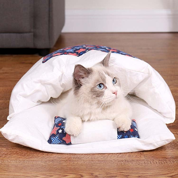 Closed Removable and Washable Cat Litter Sleeping Bag Winter Warm Dog Kennel, Size: S(Navy Blue Cat)