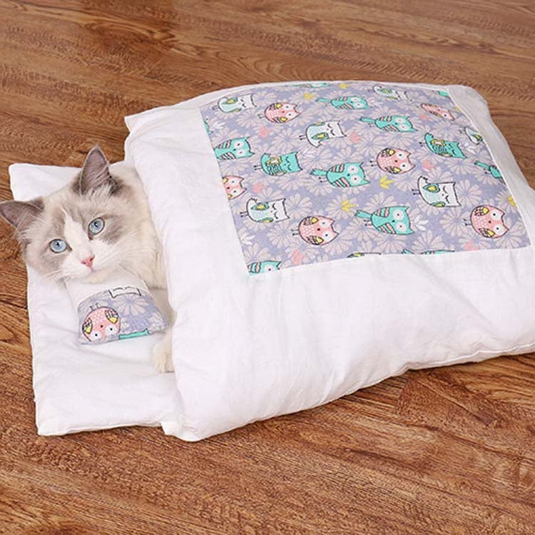 Closed Removable and Washable Cat Litter Sleeping Bag Winter Warm Dog Kennel, Size: L(Purple Owl)