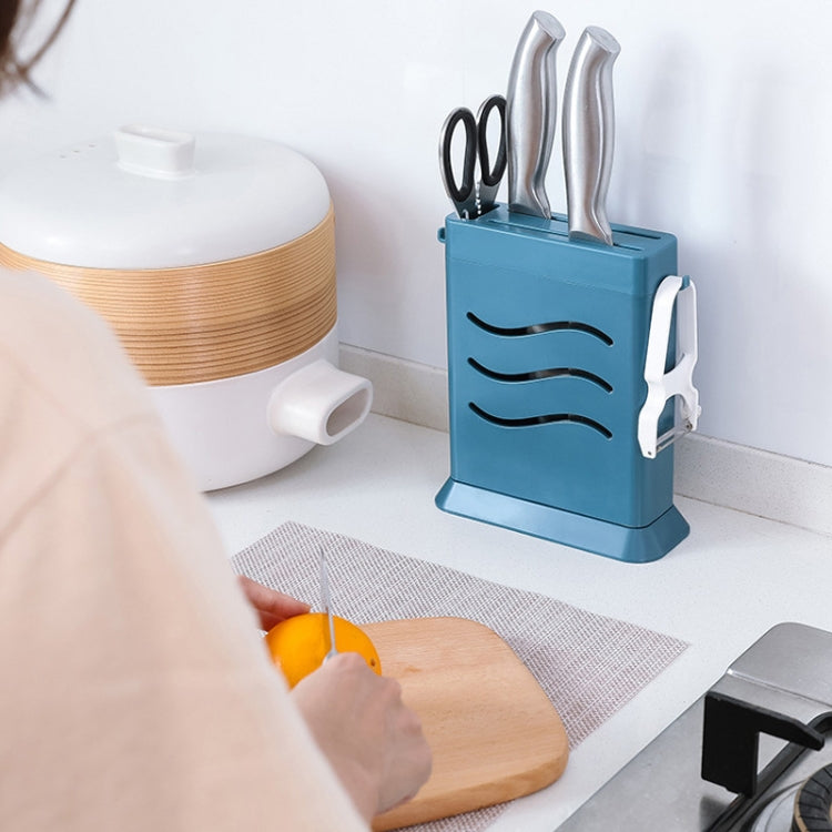 Kitchen Multifunctional Three-Hole Invisible Knife Holder Hollow Drain Kitchenware Storage Rack(Dark Blue)