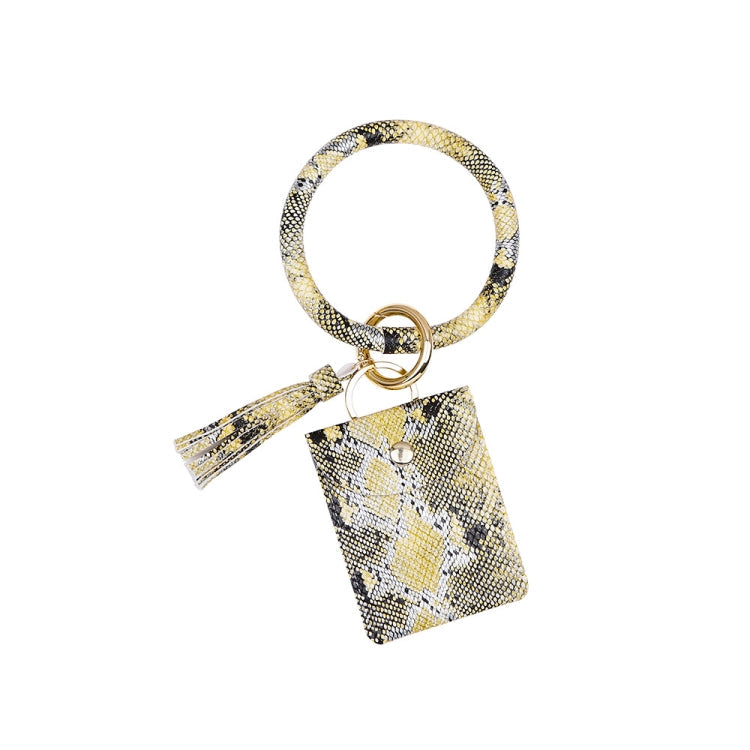 Wrist Keychain Coin Purse PU Leather Snake Print Bracelet Card Case(Yellow)