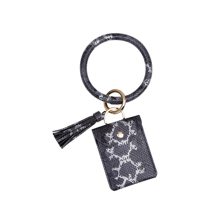 Wrist Keychain Coin Purse PU Leather Snake Print Bracelet Card Case(Black)