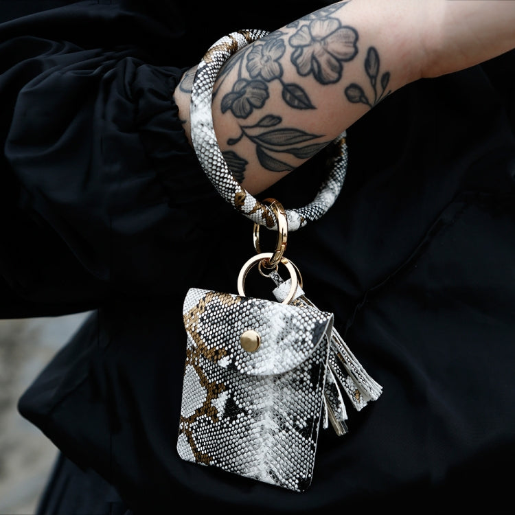 Wrist Keychain Coin Purse PU Leather Snake Print Bracelet Card Case(Yellow)