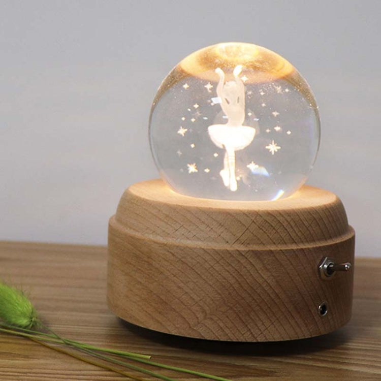 Girl Bedside Lamp Crystal Ball Wooden Base Music Box Charging Glow Rotating Night Light, Random Music(Ballet)