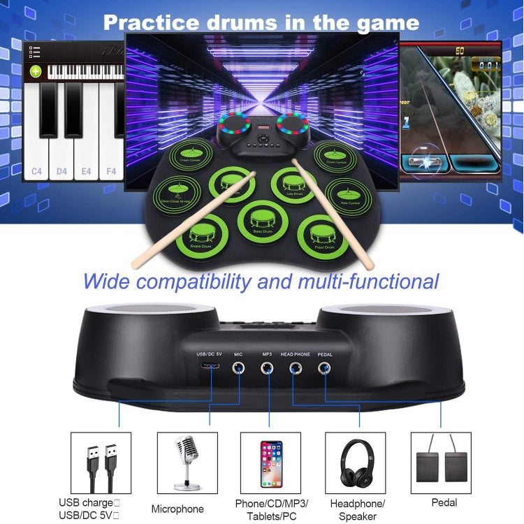 Portable Hand Roll Electronic Drum Flashing Light Bluetooth Drum(Black White)