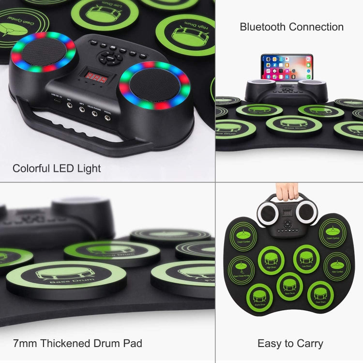 Portable Hand Roll Electronic Drum Flashing Light Bluetooth Drum(Black White)