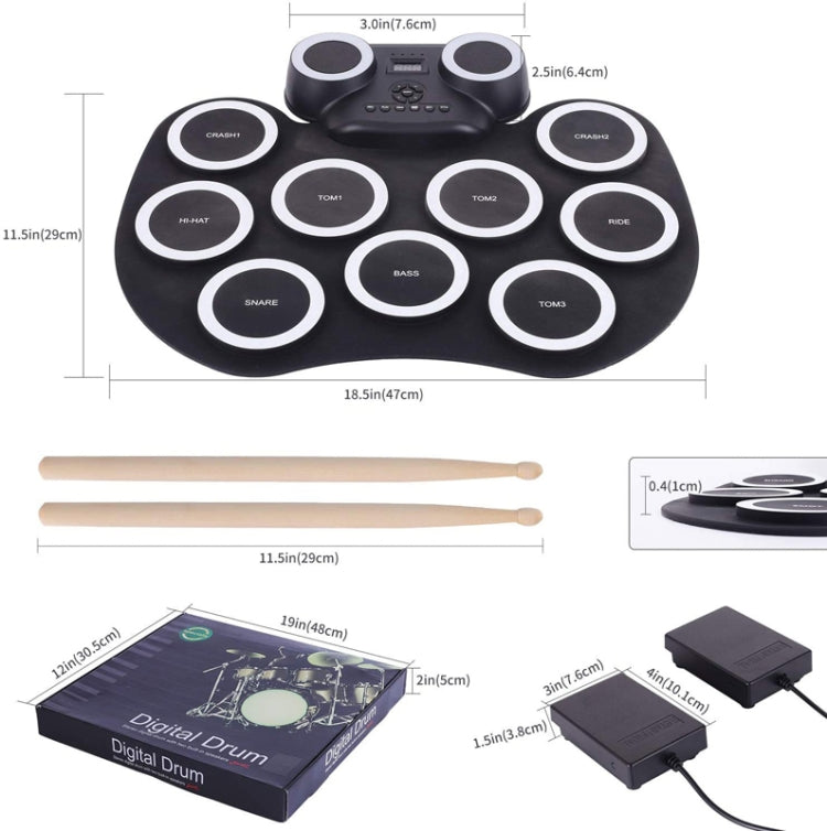 Portable Hand Roll Electronic Drum Flashing Light Bluetooth Drum(Black White)