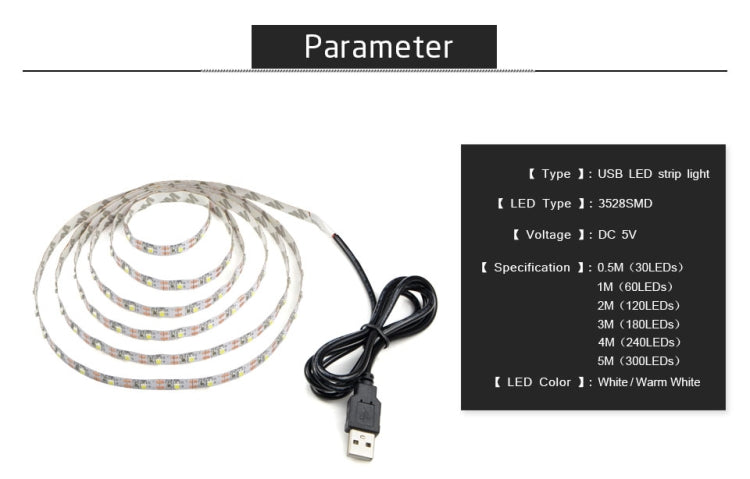 USB Power SMD 2835 Epoxy LED Strip Light Christmas Desk Decor Lamp for TV Background Lighting, Length:1m(Warm White)