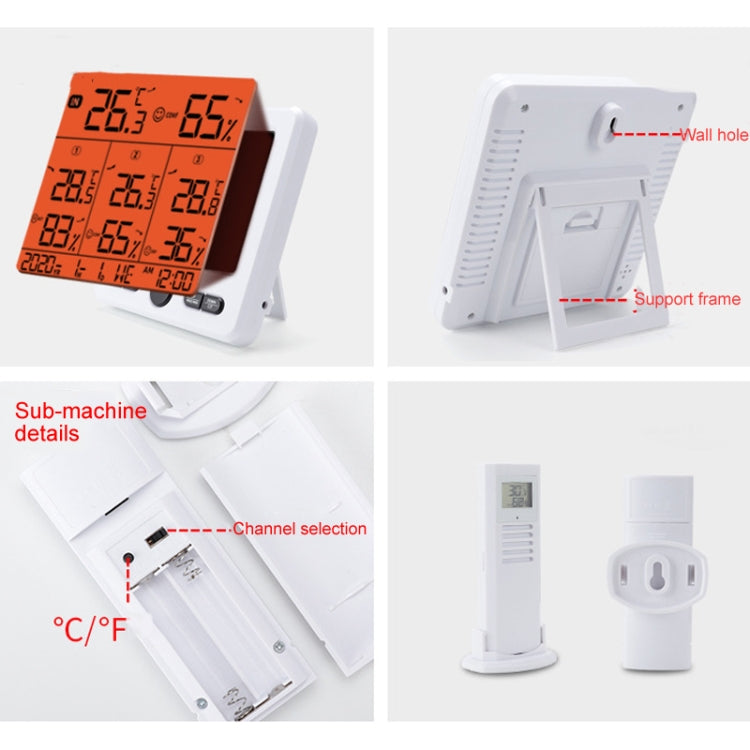 Three Dragged Multi-Function Wireless Thermometer And Hygrometer Indoor And Outdoor High-Precision Thermometer With Color Alarm(White)