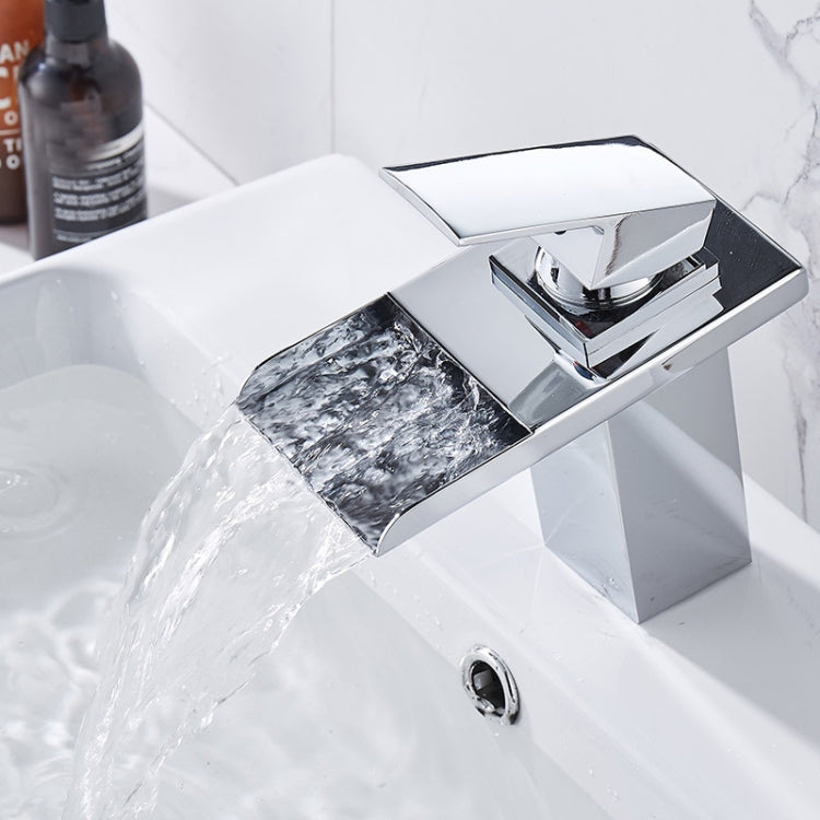 LED Three Lights Hot Cold Water Faucet Bathroom Waterfall Faucet CN Plug(Black)