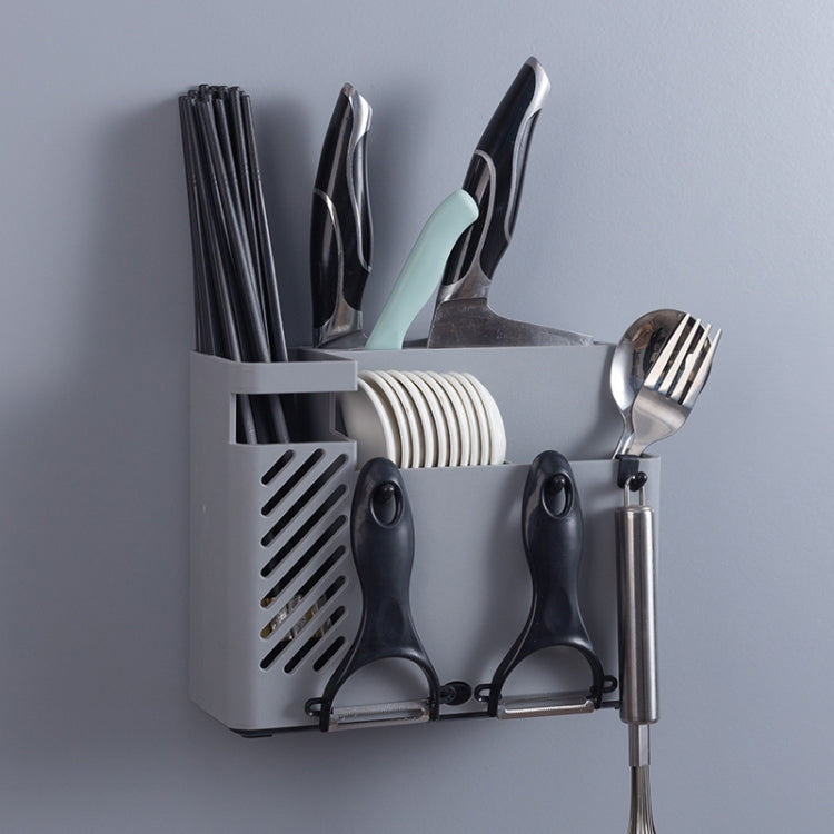 Chopsticks Basket Rack Wall-Mounted Chopstick Cage Household Multifunctional Spoon Knife Holder Integrated CStorage Box(Gray)