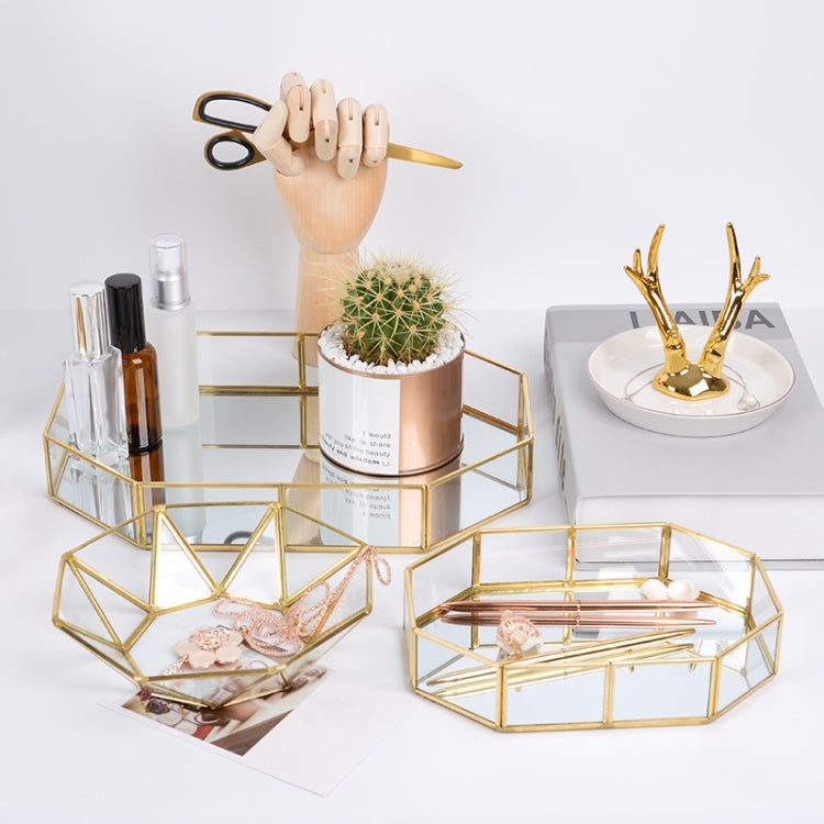 Glass Storage Tray Golden Retro Polygon Mirror Tray Brass Desktop Cosmetics Storage Tray Polygon Small