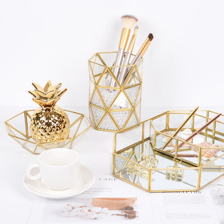Glass Storage Tray Golden Retro Polygon Mirror Tray Brass Desktop Cosmetics Storage Tray Polygon Small