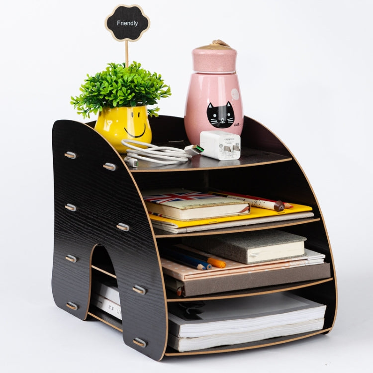 Office Supplies Curved Desktop A4 Storage Box Wooden File Rack Data Rack Shelf(Black)