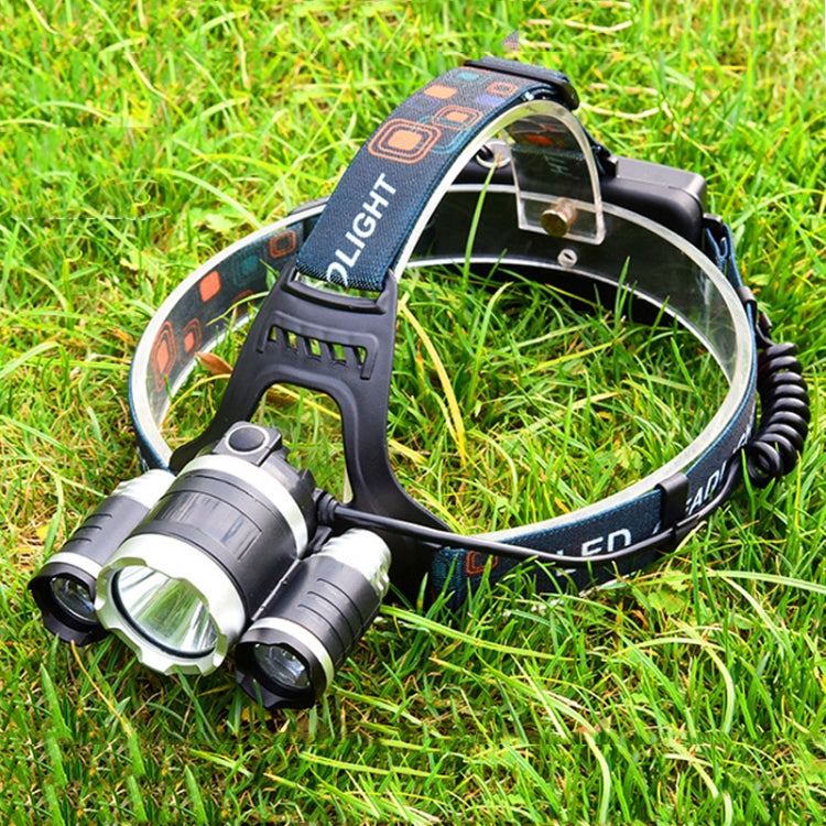 Strong Light Long-Range Rechargeable Three-Head Lamp Outdoor Fishing Lamp Led Head-Mounted Flashlight ( 2 Batteries+EU Plug)