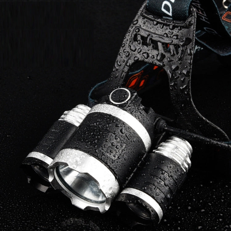 Strong Light Long-Range Rechargeable Three-Head Lamp Outdoor Fishing Lamp Led Head-Mounted Flashlight ( 2 Batteries+EU Plug)