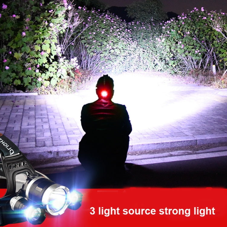 Strong Light Long-Range Rechargeable Three-Head Lamp Outdoor Fishing Lamp Led Head-Mounted Flashlight ( 2 Batteries+EU Plug)