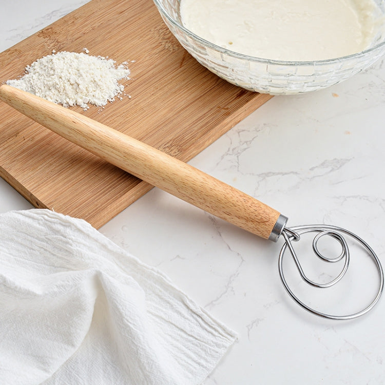 2 PCS 13 Inch Oak Handle Flour Mixer Dough Stainless Steel Mixing Rod Coil Whisk Single Circle Agitator