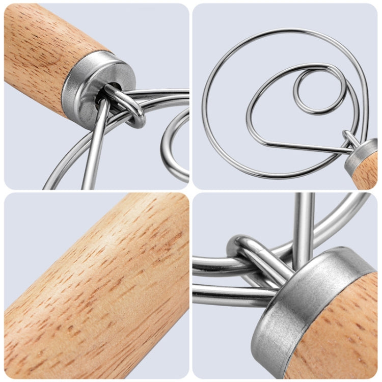 2 PCS 13 Inch Oak Handle Flour Mixer Dough Stainless Steel Mixing Rod Coil Whisk Double Circle Agitator