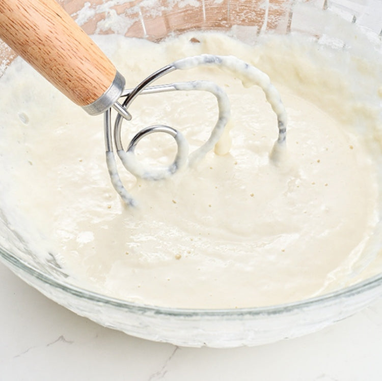 2 PCS 13 Inch Oak Handle Flour Mixer Dough Stainless Steel Mixing Rod Coil Whisk Double Circle Agitator