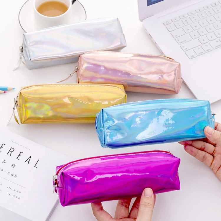 Iridescent Laser Pencil Case PU School Stationery Gift Cute Pencil Box(Rose Red)