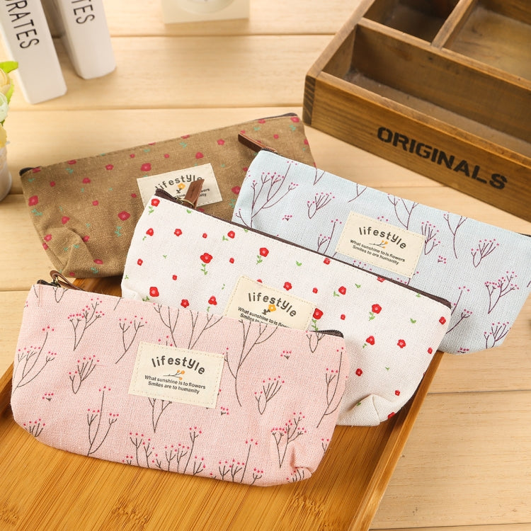 Cute Floral Canvas Zipper Pencil Cases Flower Tree Pen Bags(Light blue)