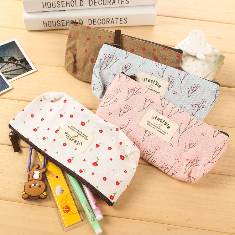 Cute Floral Canvas Zipper Pencil Cases Flower Tree Pen Bags(Light blue)
